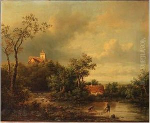 A Wooded Landscape With Fishermen Inspecting Their Nets On The Bankof A Creek, A Castle Beyond