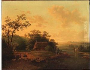 A River Landscape With Peasants On A Sandy Track