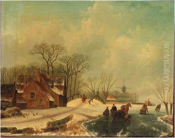 A Winter Landscape With Figures On A Frozen Waterway With A Koek Enzopie Beyond - view 1