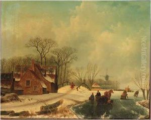 A Winter Landscape With Figures On A Frozen Waterway With A Koek Enzopie Beyond by Acobus Loernsz. Sorensen