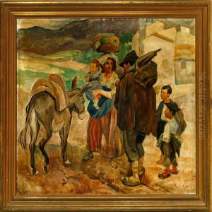A Family With Their Donkey In An Italian Village by Soren Sorensen