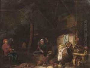 A Kitchen Interior With A Woman Stirring In A Well And A Mansmoking A Pipe