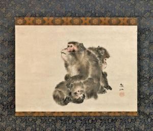 An Adult Monkey With Two Young All Huddled Together, Finely Rendered Details (some Toning); Silk Mounting
