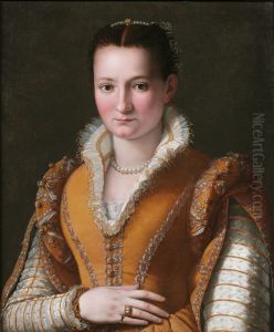 Portrait of a lady, possibly Bianca Capello de'Medici, half-length, in an embroidered gold dress and pearls