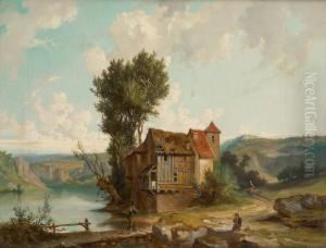 Le Pecheur Au Bord De La Chaumiere by Charles Soubre