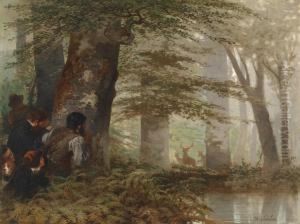 Huntersdiscover A Pack Of Deer In A Forest by Charles Soubre