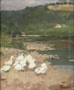 Geese By A Brook by Vaclav Soucek