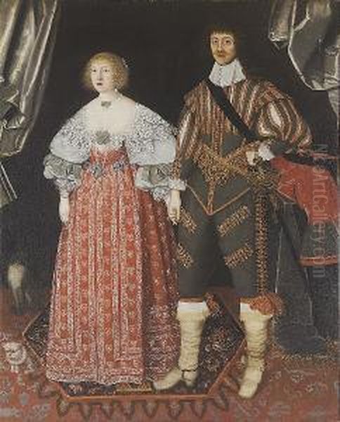 Portrait Of Lord And Lady Poulett Of Hinton Saint George , Full Length, She Wearing A Red Dress With A White Lace Collar, He Wearing A Grey Doublet Emroidered With Gold, A Sword At His Side - view 1