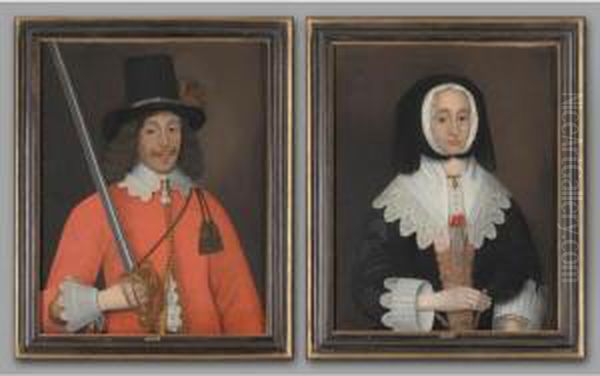 Portrait Of Colonel John Hutchinson (1615-1664) And His Wife, Mrs Hutchinson, Nee Lucy Apsley (b.1620), Both Half Length, He Wearing A Red Tunic With White Collar And Cuffs And A Black Hat, A Sword In His Right Hand, She Wearing A Black Dress And A Headdr - view 1