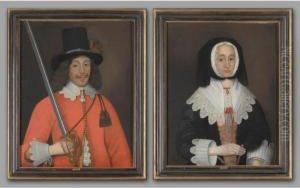 Portrait Of Colonel John Hutchinson (1615-1664) And His Wife, Mrs Hutchinson, Nee Lucy Apsley (b.1620), Both Half Length, He Wearing A Red Tunic With White Collar And Cuffs And A Black Hat, A Sword In His Right Hand, She Wearing A Black Dress And A Headdr by John Souch