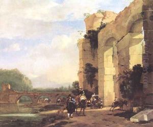 Italian Landscape With The Ruins Of A Roman Bridge And Aqueduct by Jan Asselyn
