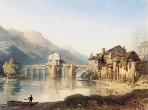 Bailing Water From A Boat At A French Riverside Town - view 1