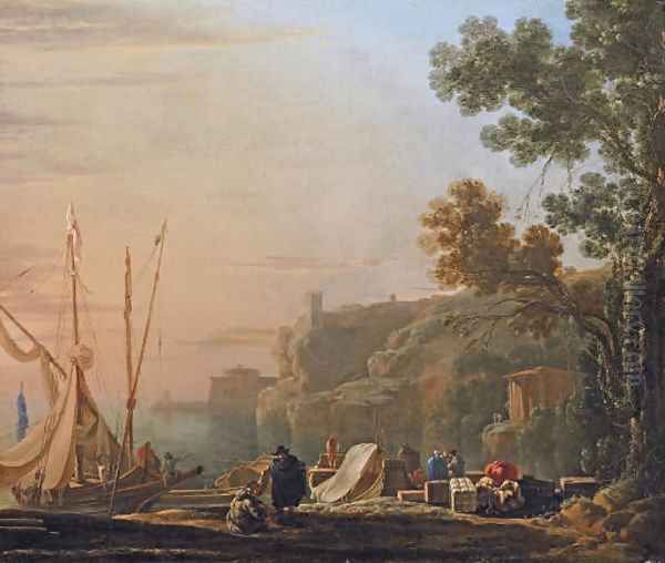 A Mediterranean coastal inlet with merchants unloading boats, a temple beyond - view 1