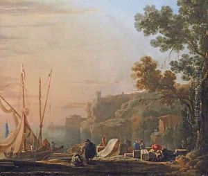 A Mediterranean coastal inlet with merchants unloading boats, a temple beyond