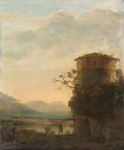 Peasants and cattle beside a tower in an extensive landscape by Jan Asselyn