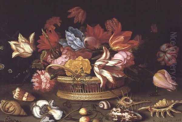 A Basket of Flowers with Shells on a Ledge by Balthasar Van Der Ast