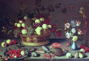 A basket of Grapes and other fruit by Balthasar Van Der Ast
