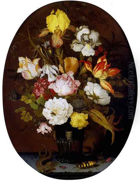 A Still life of roses, irises, tulips, narcissi and other flowers, in a glass vase with gilt mounts, set upon a ledge, flanked by a lizard and a large beetle - view 1
