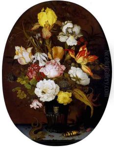 A Still life of roses, irises, tulips, narcissi and other flowers, in a glass vase with gilt mounts, set upon a ledge, flanked by a lizard and a large beetle by Balthasar Van Der Ast