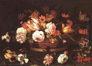 Roses, Tulips in a basket by Balthasar Van Der Ast