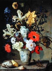 Floral Study with beaker, grasshopper and seashells by Balthasar Van Der Ast