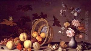 Apples, cherries, grapes, plums and a vase of flowers by Balthasar Van Der Ast