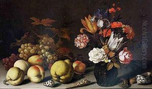 A Still-Life of Fruit, Flowers and Shells with a Lizard, Caterpillar and Dragonfly by Balthasar Van Der Ast