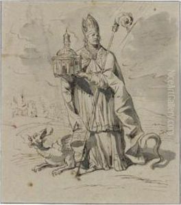 A Bishop Saint Holding A Model Of A Church, A Dragon By His Feet