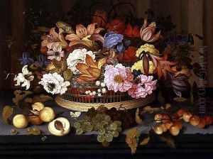 Still Life of Fruit and a Basket of Flowers, 1623 by Balthasar Van Der Ast