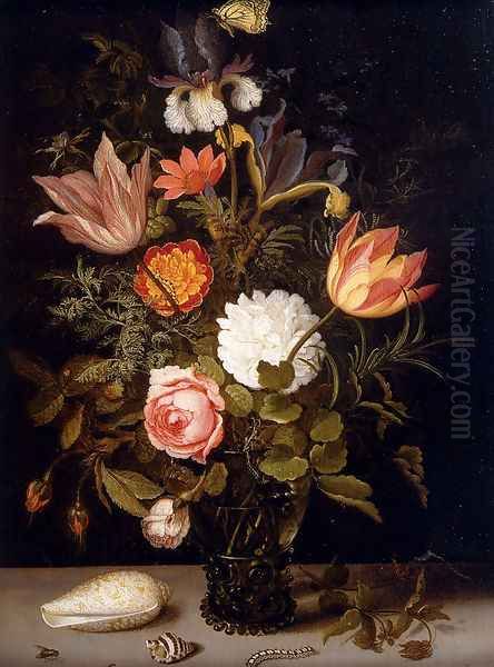 Still Life Of Roses, Tulips, Irises, An African Marigold And Other Flowers In A Roemer Resting On A Ledge, With Two Shells, A Butterfly And Other Insects - view 1