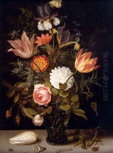 Still Life Of Roses, Tulips, Irises, An African Marigold And Other Flowers In A Roemer Resting On A Ledge, With Two Shells, A Butterfly And Other Insects by Balthasar Van Der Ast