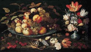 A still life of apples, grapes, and peaches in a blue and white porcelain bowl, a bouquet of tulips, ros