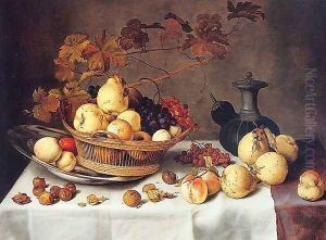 A Still Life of Pears, Peaches, Grapes and Quinces in a Basket by Balthasar Van Der Ast
