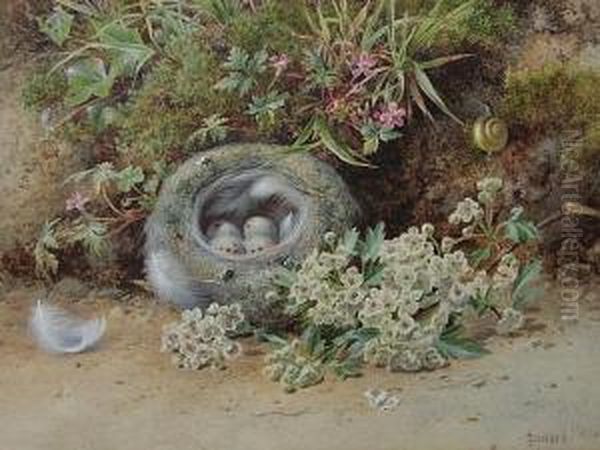 A Still Life Of A Bird's Nest With A Bough Of Hawthorn Beside A Mossy Bank - view 1