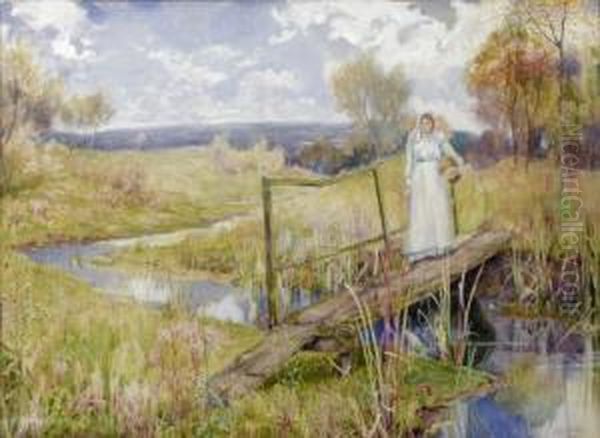 A Girl On A Wooden Bridge Over A Stream - view 1