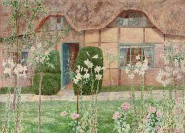 A Thatched Cottage With Arum Lilies And Roses - view 1