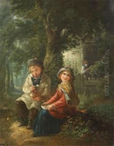 A Pair Of Children Eating Near A Farmhouse In The Woods by Paul Constant Soyer