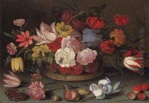 Roses, fritillaries, and lilies in a basket with cherries, shells, and an insect on a table