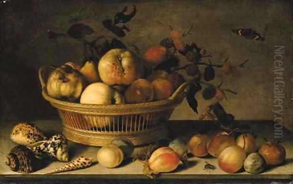 Apples, pears and a branch of mulberries in a basket, with plums, shells, a wasp, a Red Admiral, a grasshopper, a caterpillar and a fly on a ledge - view 1