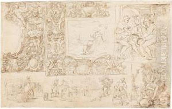 A Sheet Of Studies: Decorative Motifs And Vignettes Of Mary Magdalen, The Forge Of Vulcan, And Various Genre Scenes - view 1
