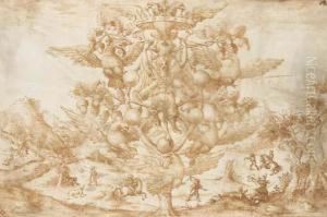 An Allegory Of Victory On A Oak Tree (the Badge Of The Della Roverefamily) Supporting The Arms Of The Medici And The Habsburgs, Ahunting Scene In The Background