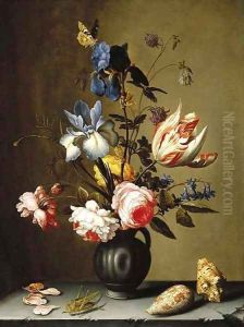 Irises, roses, columbine, hyacinth and a tulip in a black pottery pitcher, with seashells and a grasshopper on a stone ledge