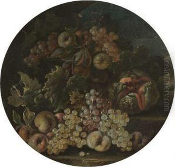 A Still Life With Pears, Apples And Grapes In A Glass Bowl On A Ledge, Beside A Melon And Apples - view 1