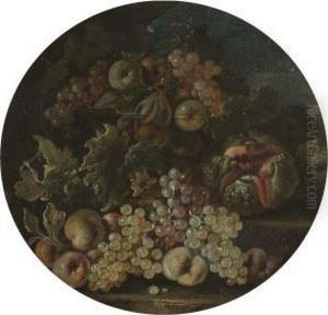 A Still Life With Pears, Apples And Grapes In A Glass Bowl On A Ledge, Beside A Melon And Apples by Bartolomeo Castelli Spadino