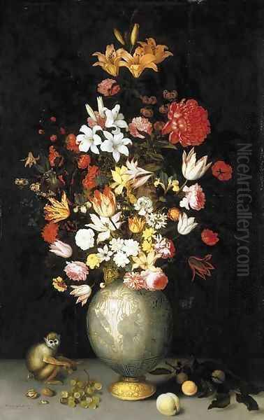 Lilies, roses, irises, tulips, narcissi, carnations and other flowers in a Chinese celadon ormulu-mounted vase, with a squirrel monkey, apricots - view 1