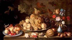 Grapes and pears on a pewter plate, with apples, cherries and grapes on a Wanli plate, flowers in a vase and a melon, nuts and shells on a tabletop