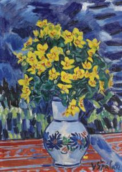 Bouquet Of Flowers In A Blue Vase by Vaclav Spala