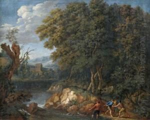 Bewolkte Flusslandschaft Mit Netzeinholenden Fischern