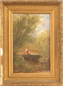 Andscape Depicting A Young Girl Fishing From A Stone Bridge by Frederik A. Spang