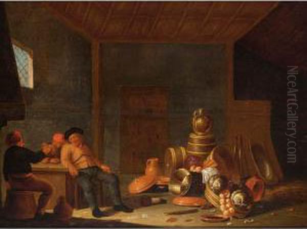 A Barn Interior With A Still Life Of Pots, A Copper Bowl, A Jug On A Barrel And Vegetables, Peasants Drinking Nearby - view 1